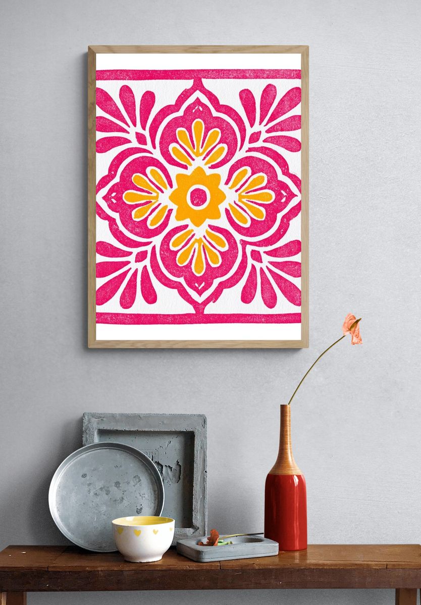Pink Floral Tile Print. — room view 3