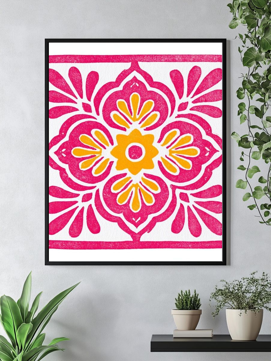 Pink Floral Tile Print. — room view 4