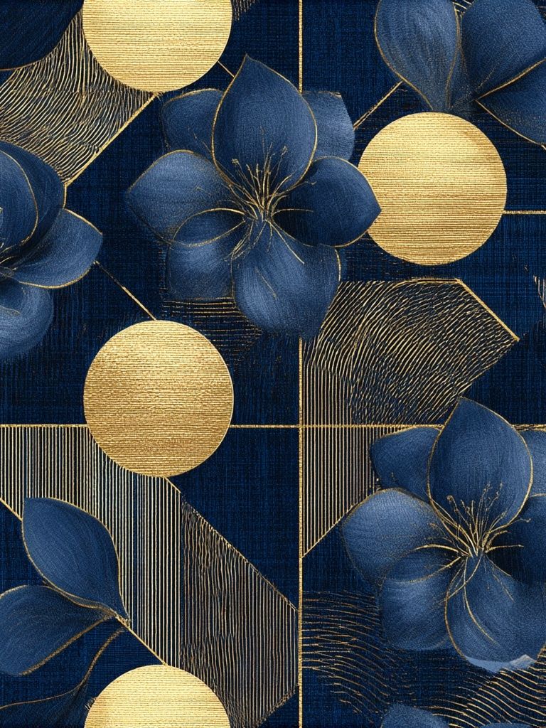 Navy Gold Floral Geometric Print. poster detail