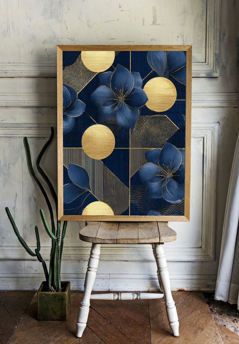 Navy Gold Floral Geometric Print. room preview