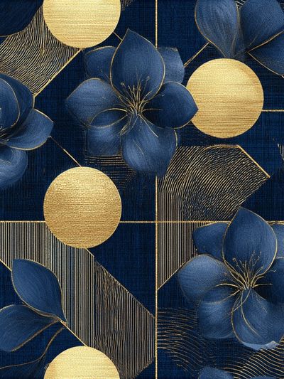 Navy Gold Floral Geometric Print.