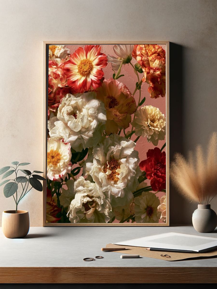 Vintage Zinnia Bouquet Print. — room view 2