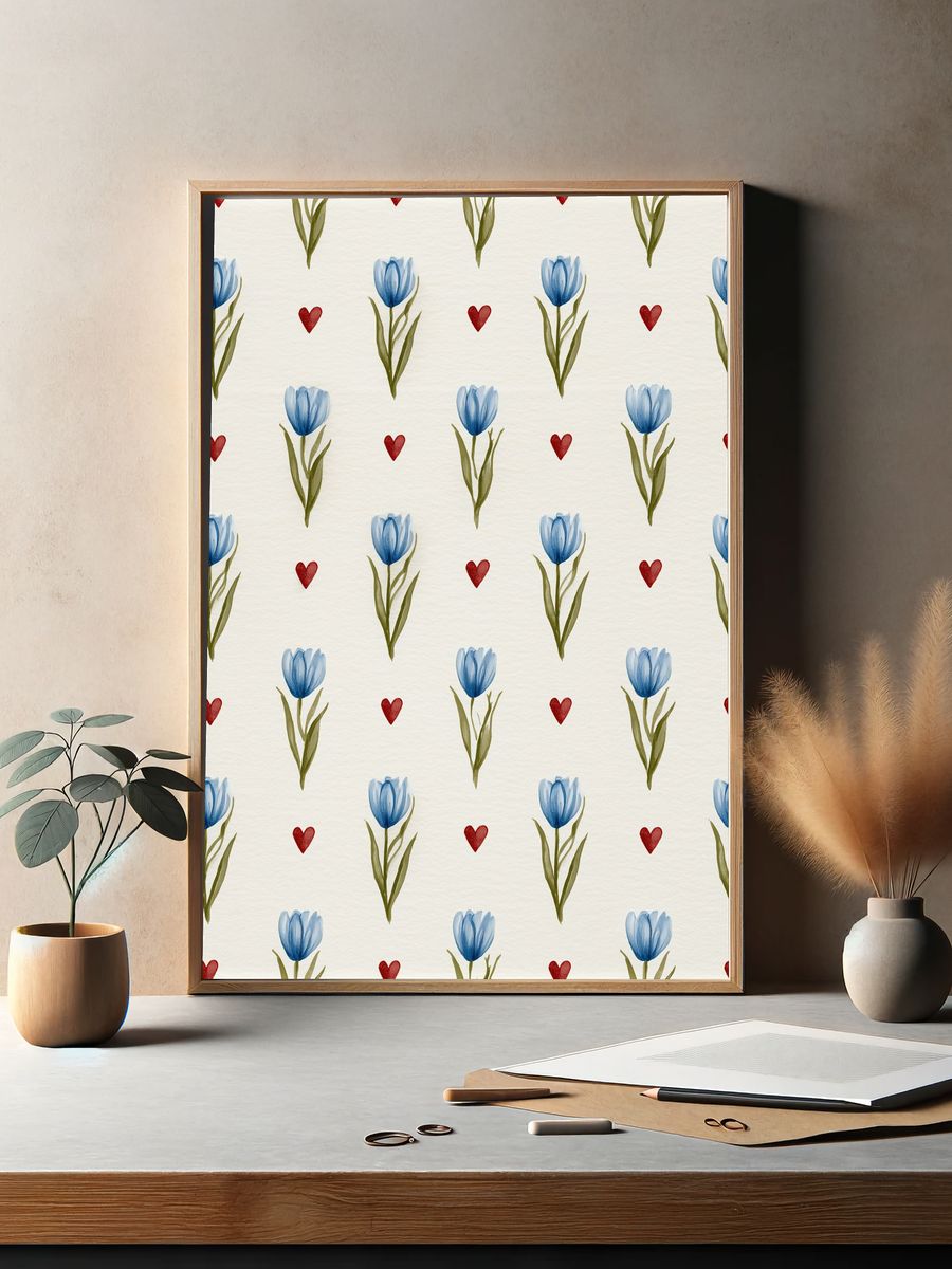 Blue Tulip Heart Pattern Print. — room view 2