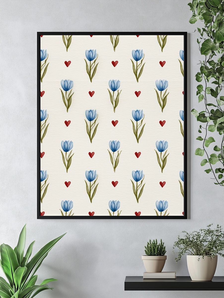 Blue Tulip Heart Pattern Print. — room view 4