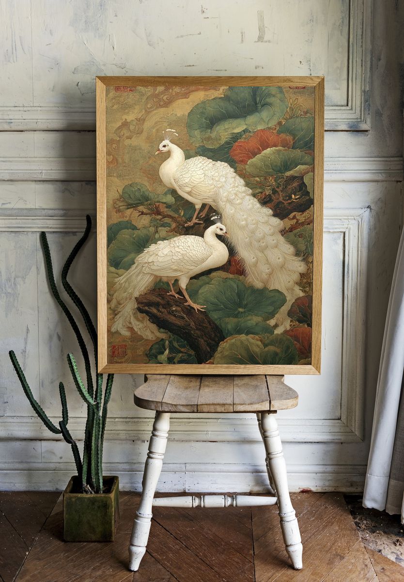 White Peacocks Botanical Print. room preview
