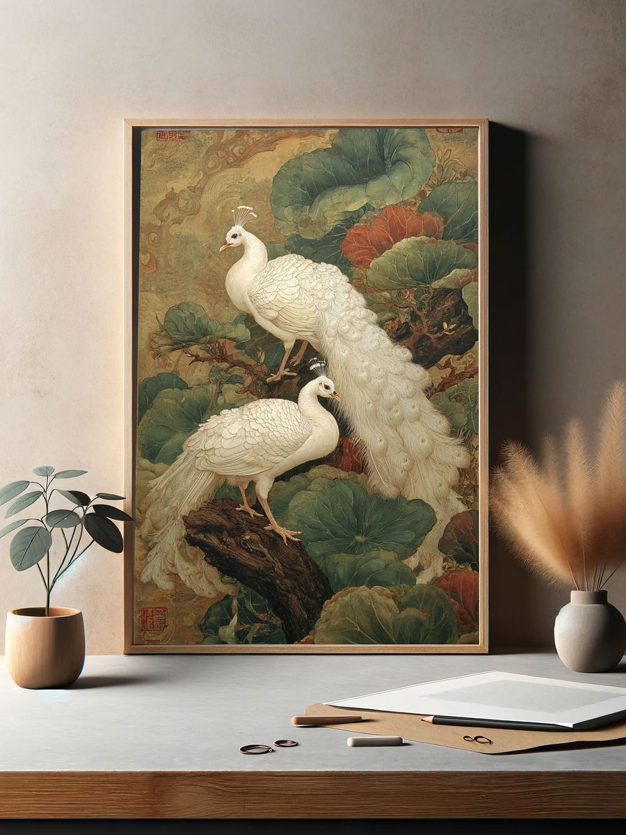 White Peacocks Botanical Print. — room view 2