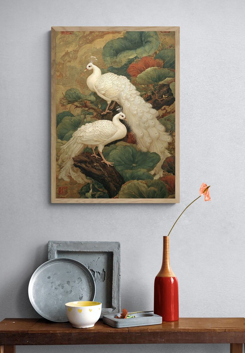 White Peacocks Botanical Print. — room view 3