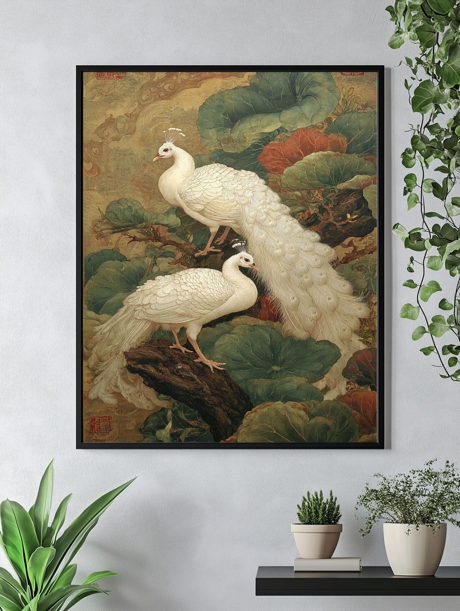 White Peacocks Botanical Print. — room view 4