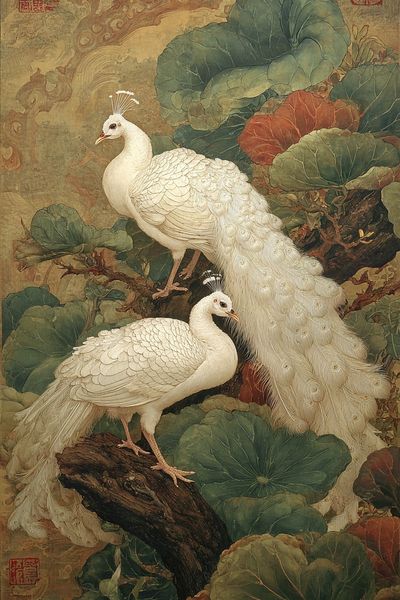 White Peacocks Botanical Print.