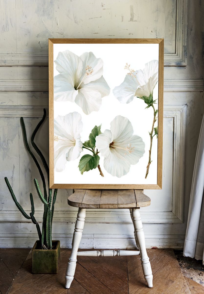 White Hibiscus Botanical Poster. — room view 1