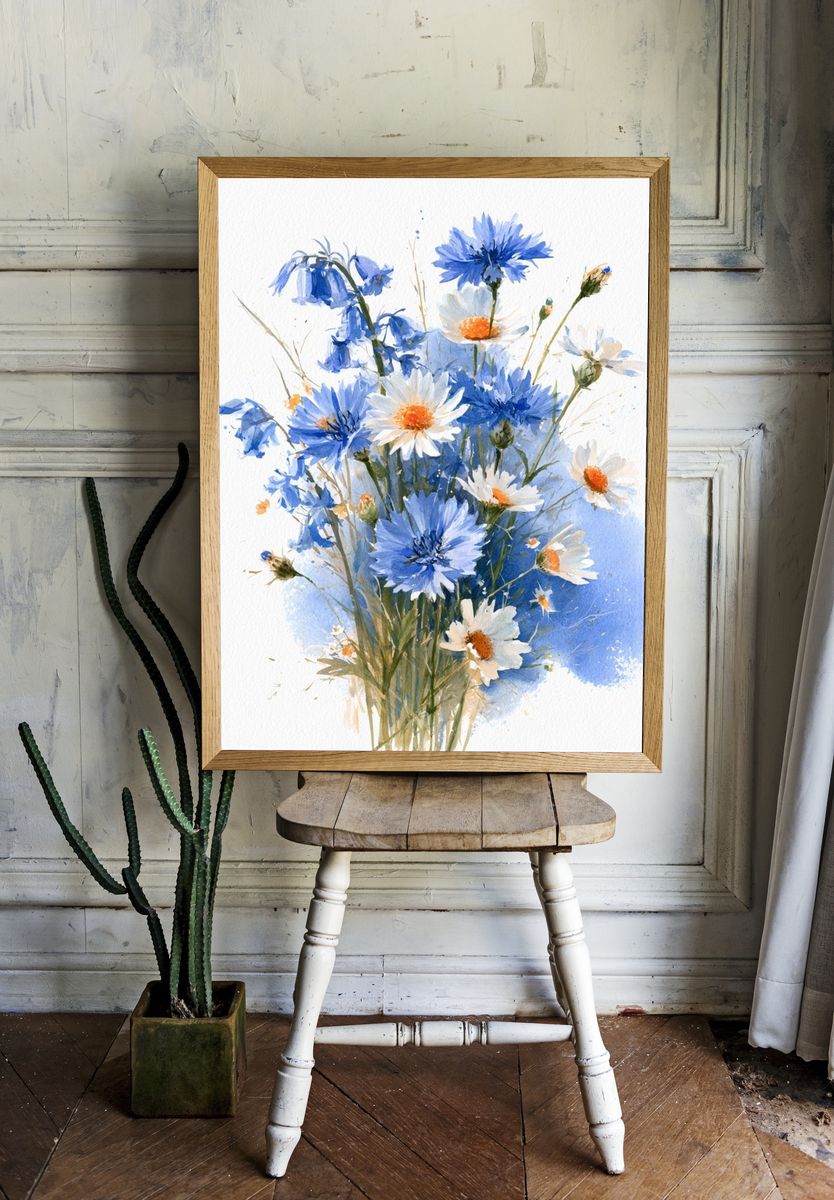 Blue Wildflower Bouquet Watercolor Print. room preview