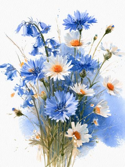 Blue Wildflower Bouquet Watercolor Print. poster