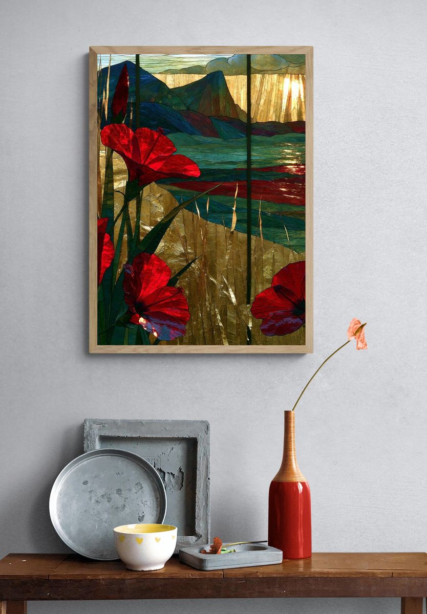 Sunlit Red Poppies Landscape Print. — room view 3