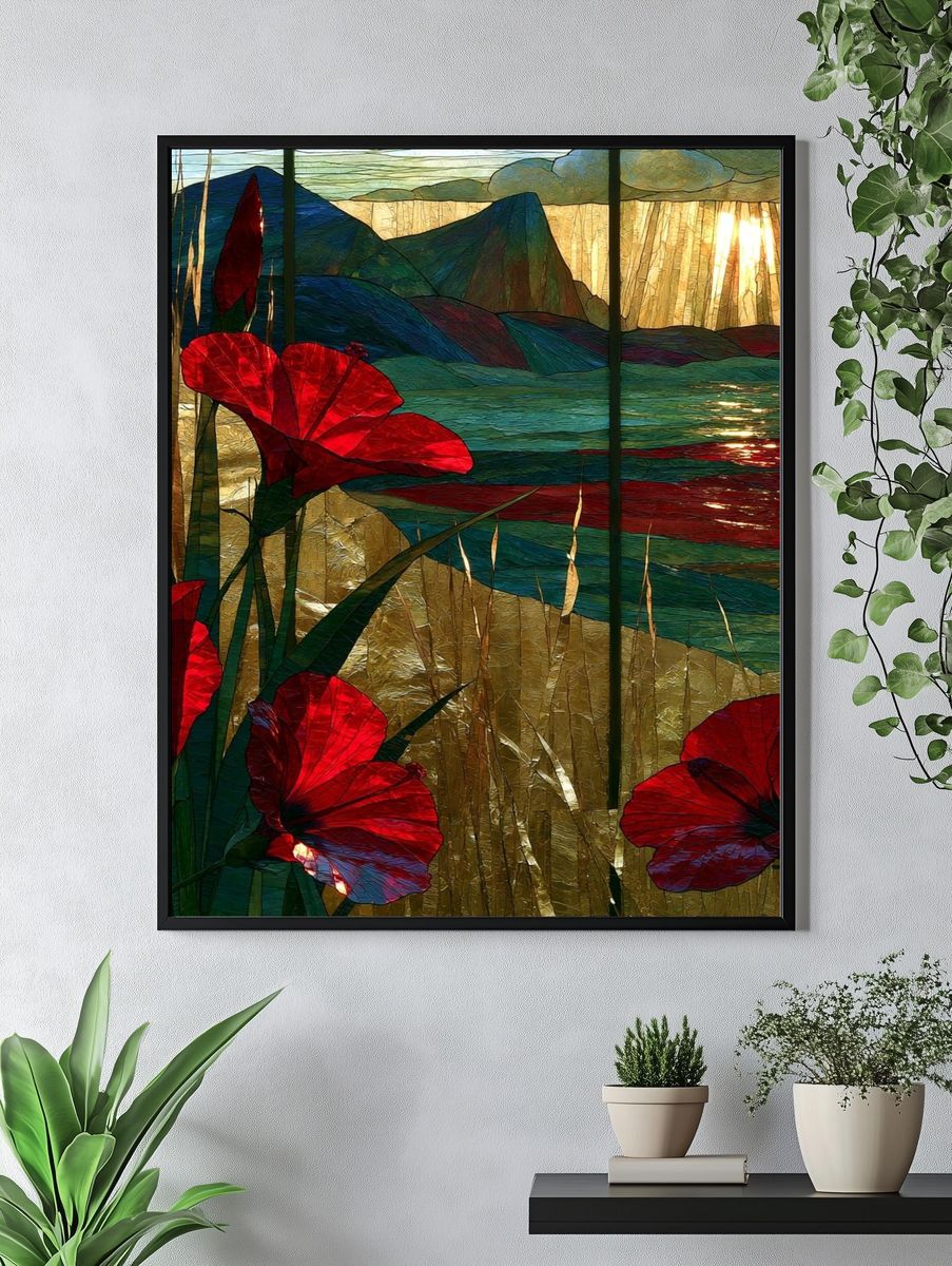 Sunlit Red Poppies Landscape Print. — room view 4