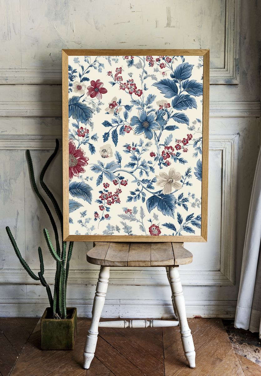Blue Floral Toile Botanical Print. — room view 1