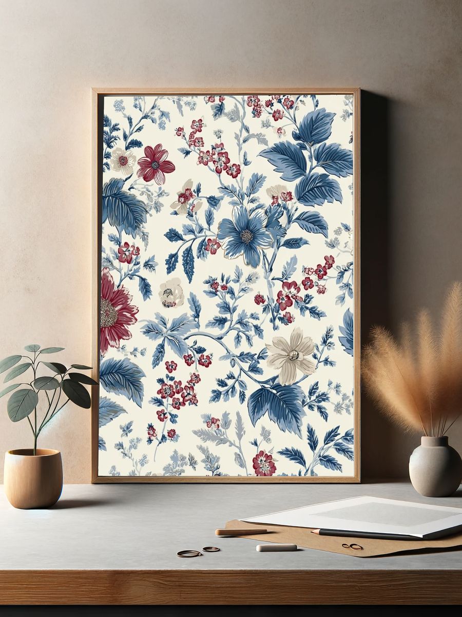 Blue Floral Toile Botanical Print. — room view 2