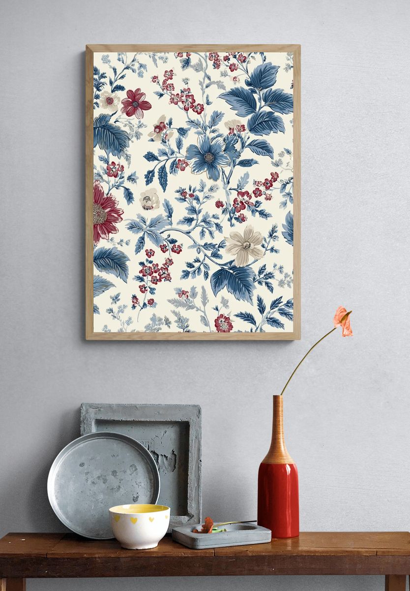 Blue Floral Toile Botanical Print. — room view 3