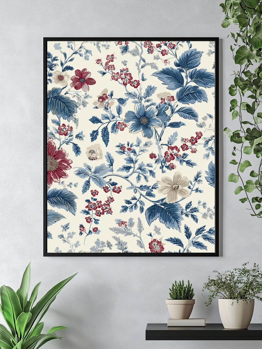 Blue Floral Toile Botanical Print. — room view 4
