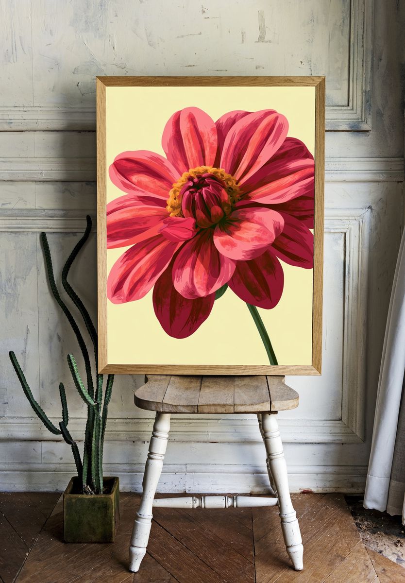 Pink Dahlia Bloom Botanical Print. — room view 1