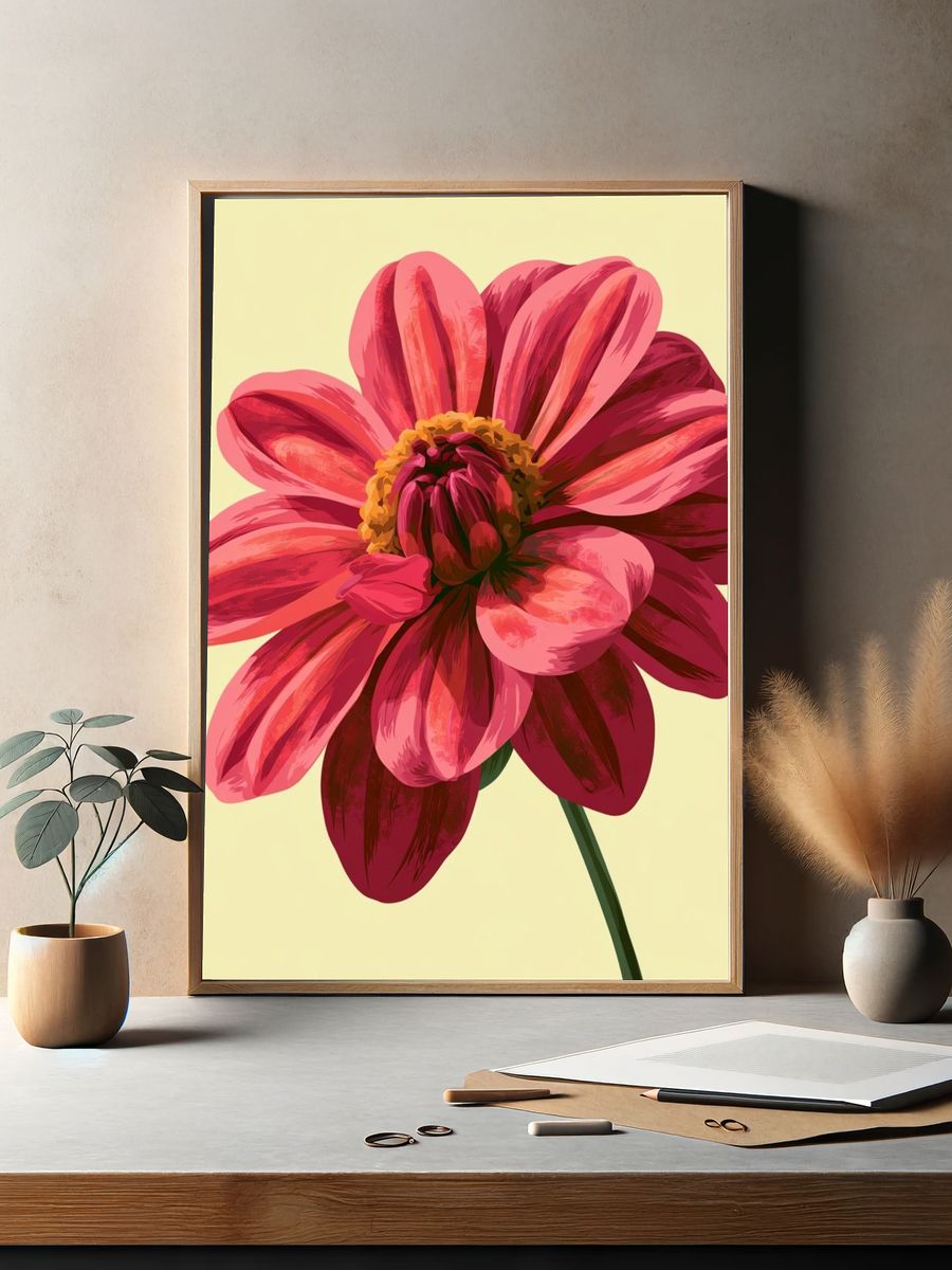 Pink Dahlia Bloom Botanical Print. — room view 2