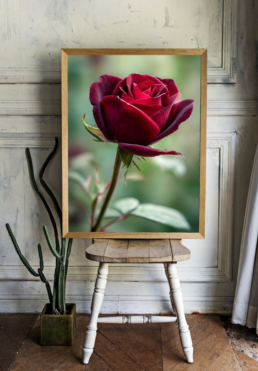 Deep Red Rose Photography Poster. — room view 1