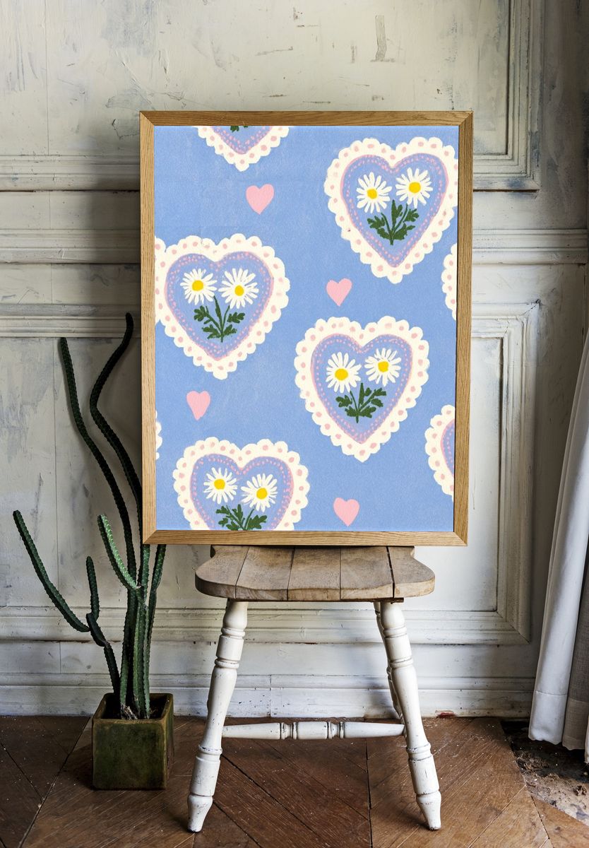 Blue Heart Daisy Pattern Print. room preview