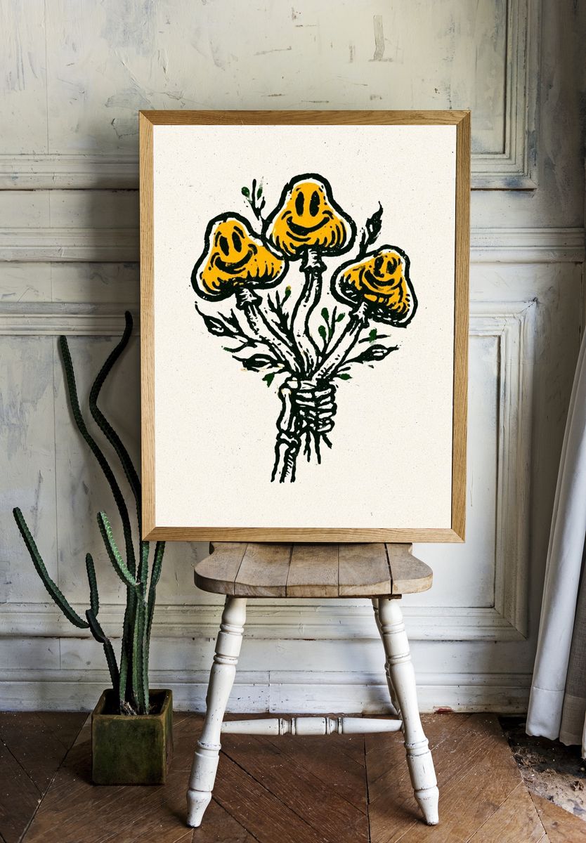 Yellow Flowers Ink Print. — room view 1