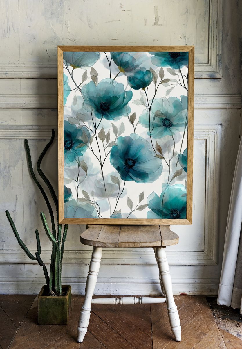 Teal Floral Botanical Print. — room view 1