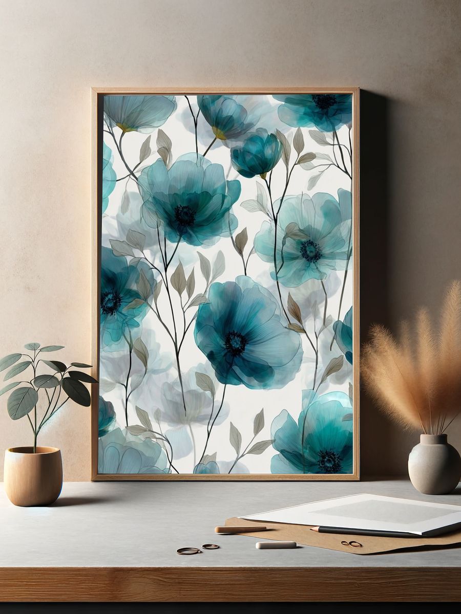Teal Floral Botanical Print. — room view 2
