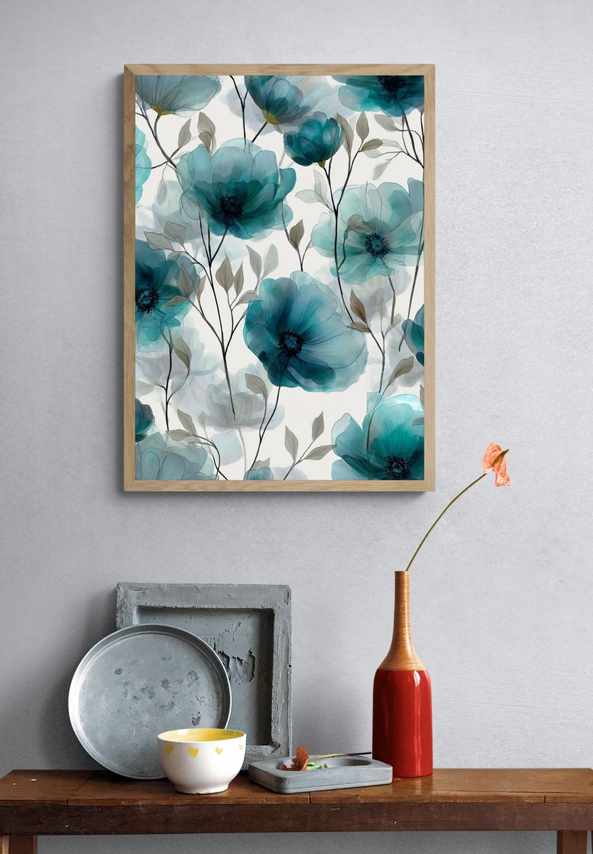 Teal Floral Botanical Print. — room view 3