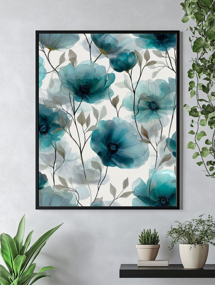 Teal Floral Botanical Print. — room view 4