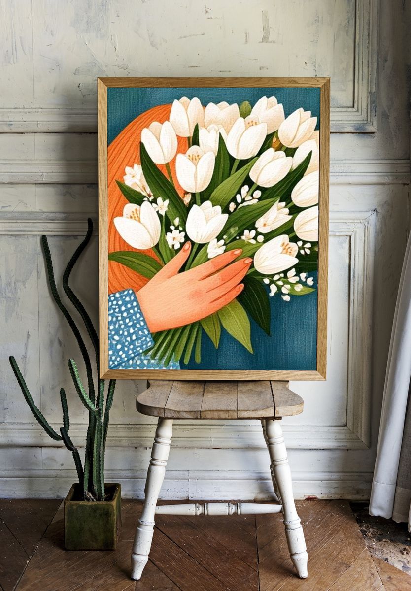 White Tulips Bouquet Illustration Poster. room preview
