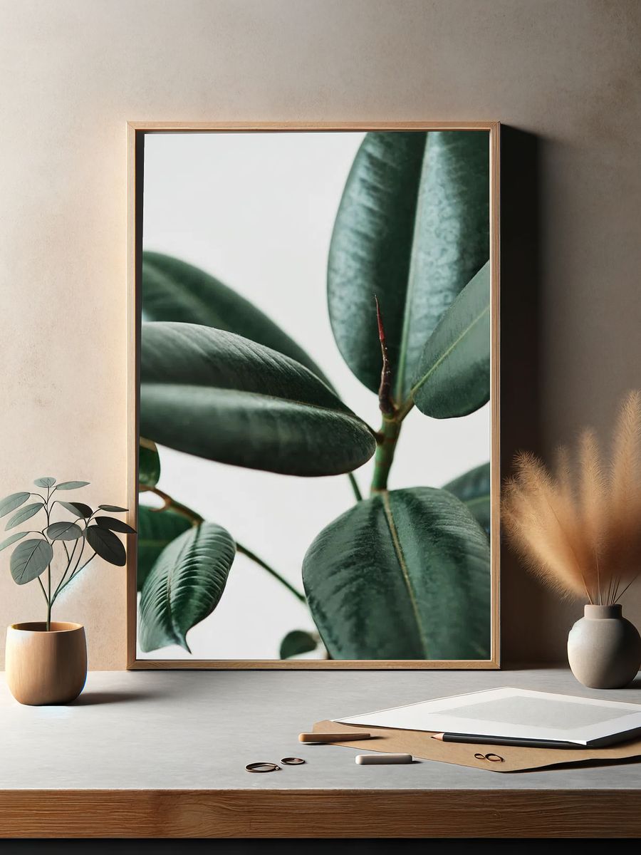 Rubber plant leaves gray background. — room view 2