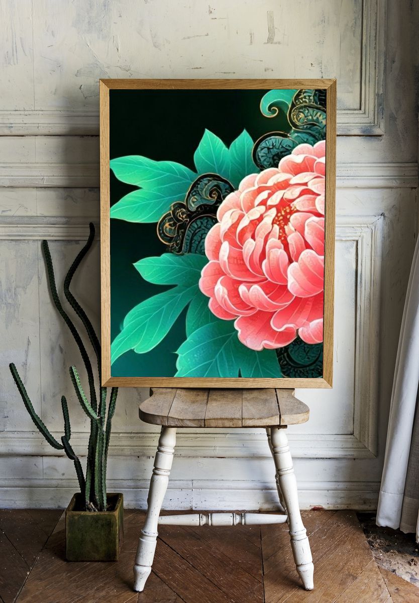 Pink Peony Botanical Print. room preview