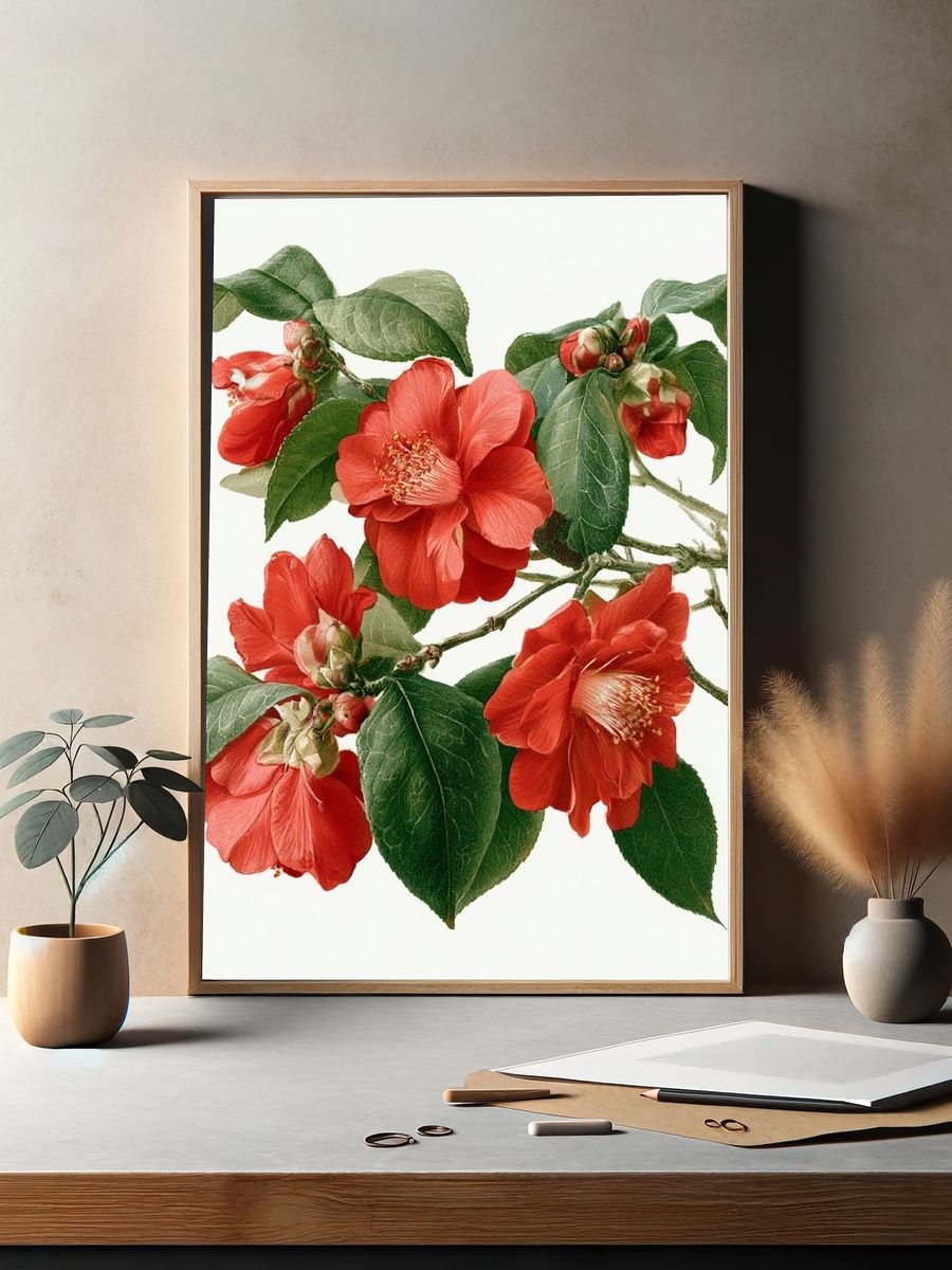 Red Camellia Botanical Print. — room view 2