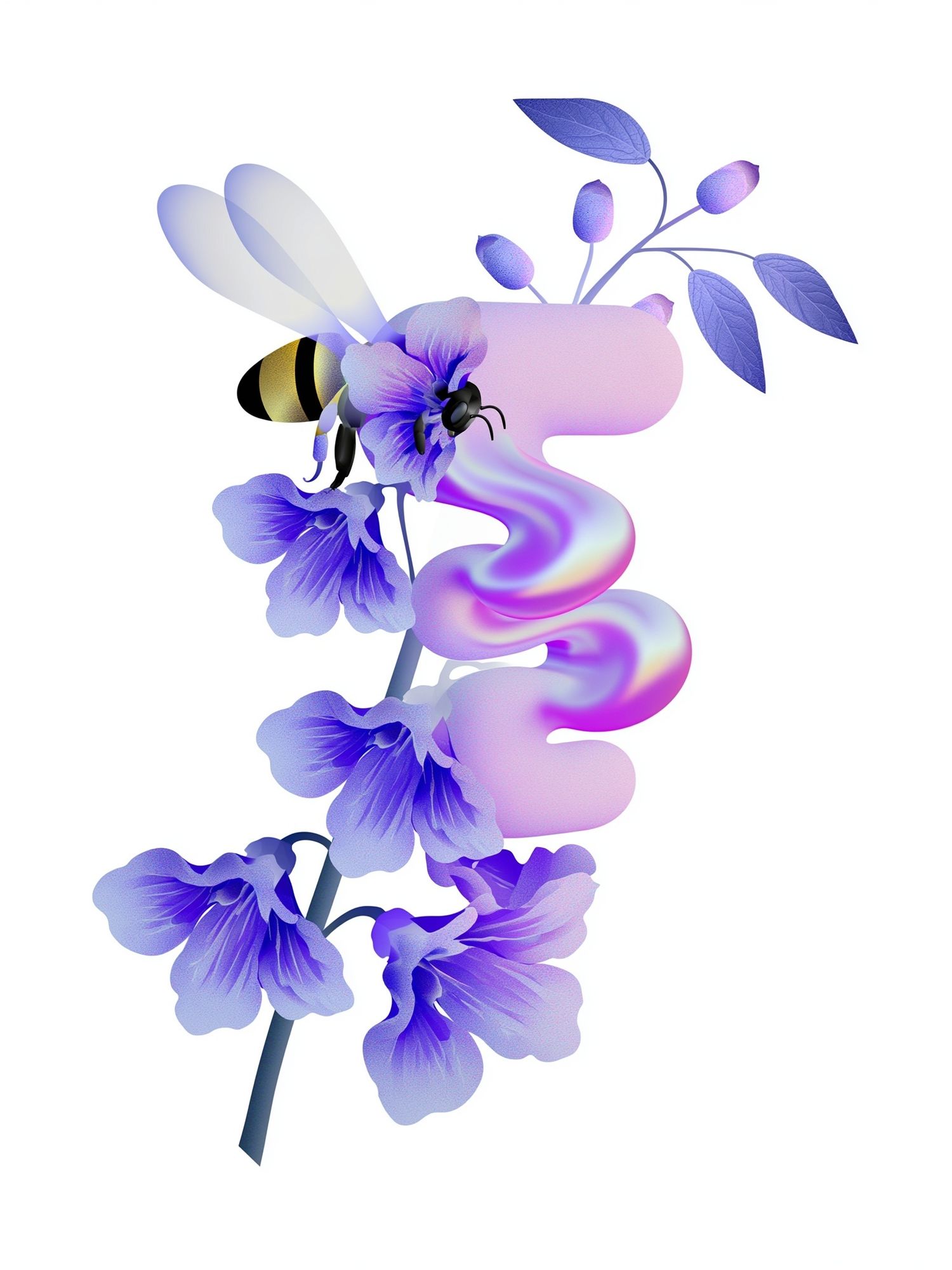 Purple Floral Bee Illustration Poster. poster detail