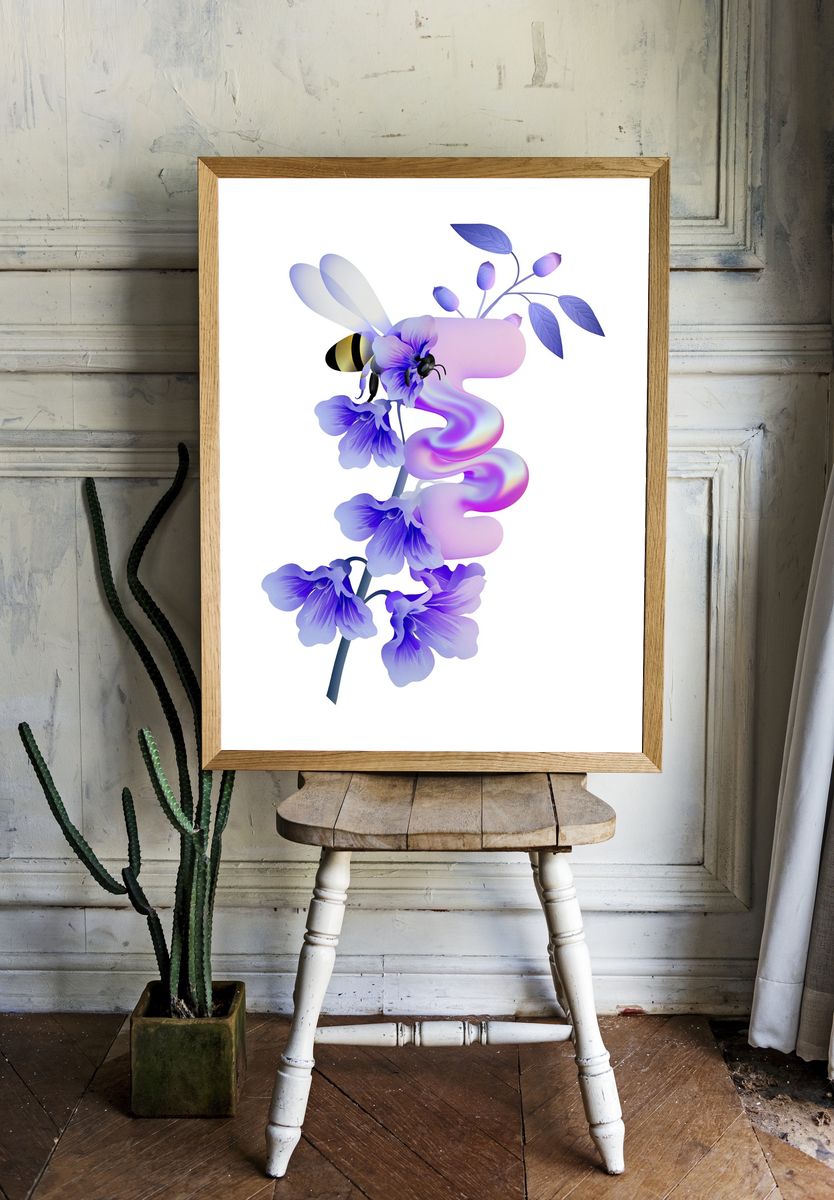 Purple Floral Bee Illustration Poster. — room view 1