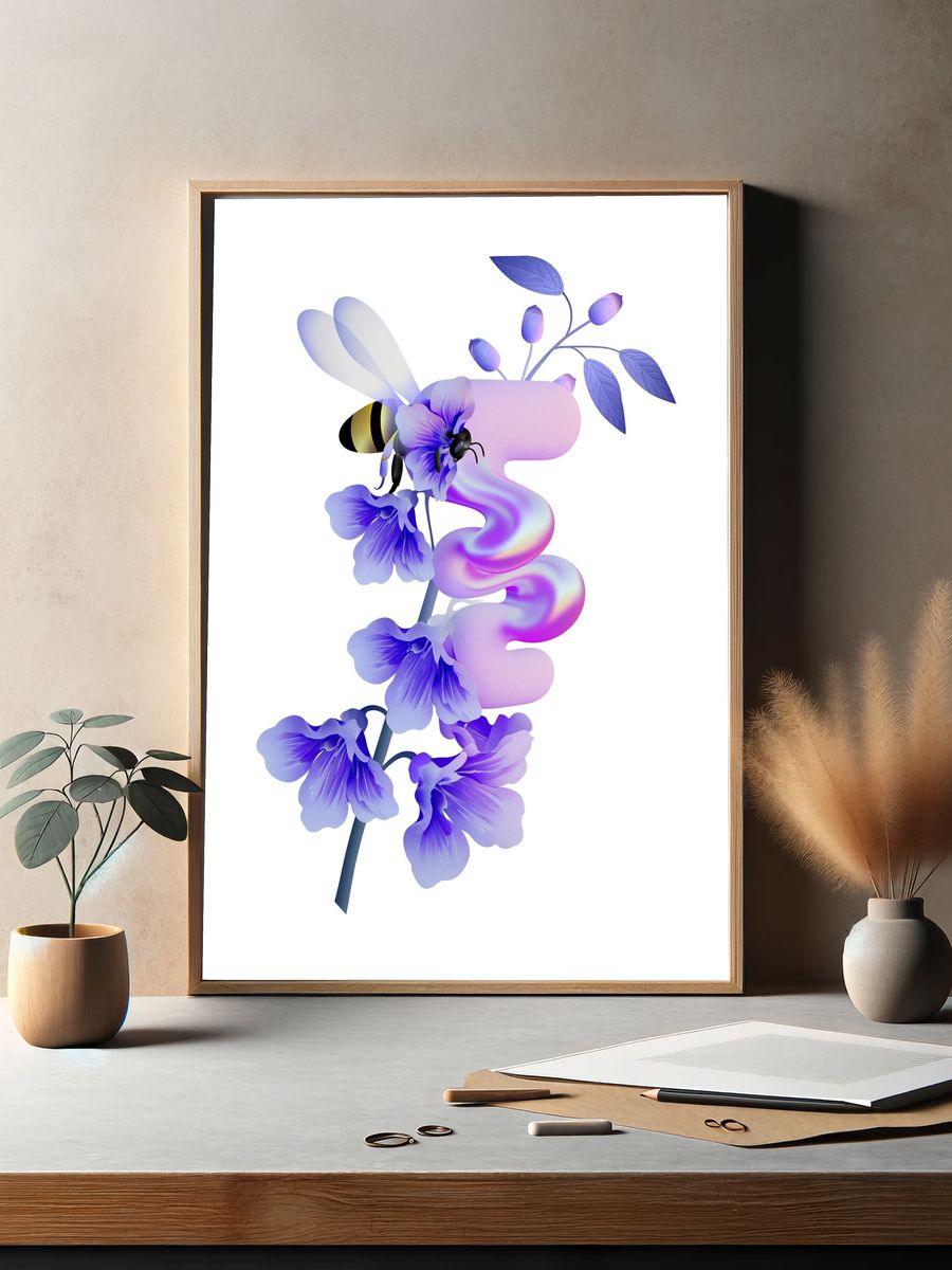 Purple Floral Bee Illustration Poster. — room view 2