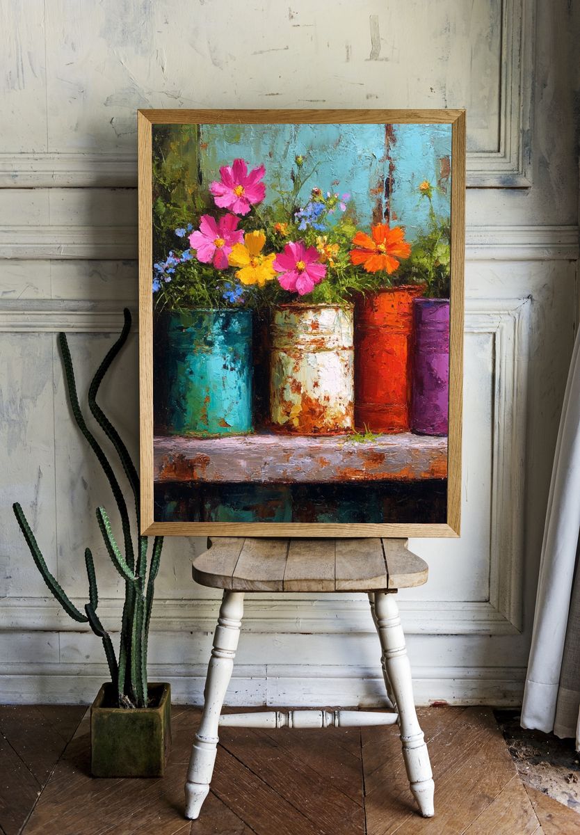 Colorful Flower Pots Still Life Poster. — room view 1