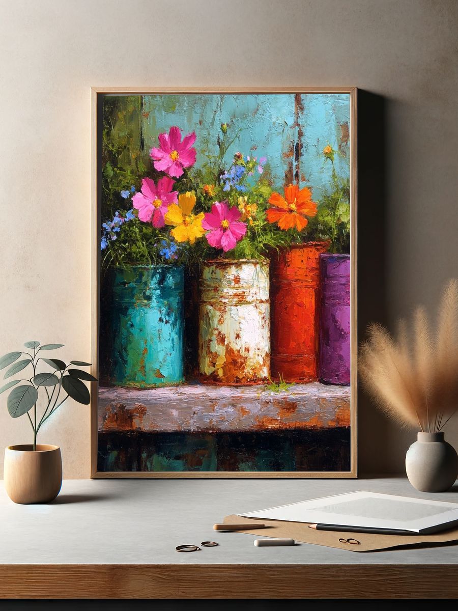 Colorful Flower Pots Still Life Poster. — room view 2