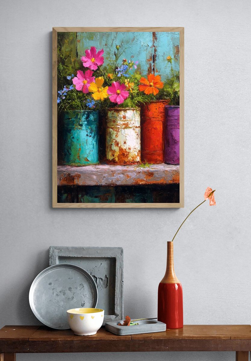 Colorful Flower Pots Still Life Poster. — room view 3