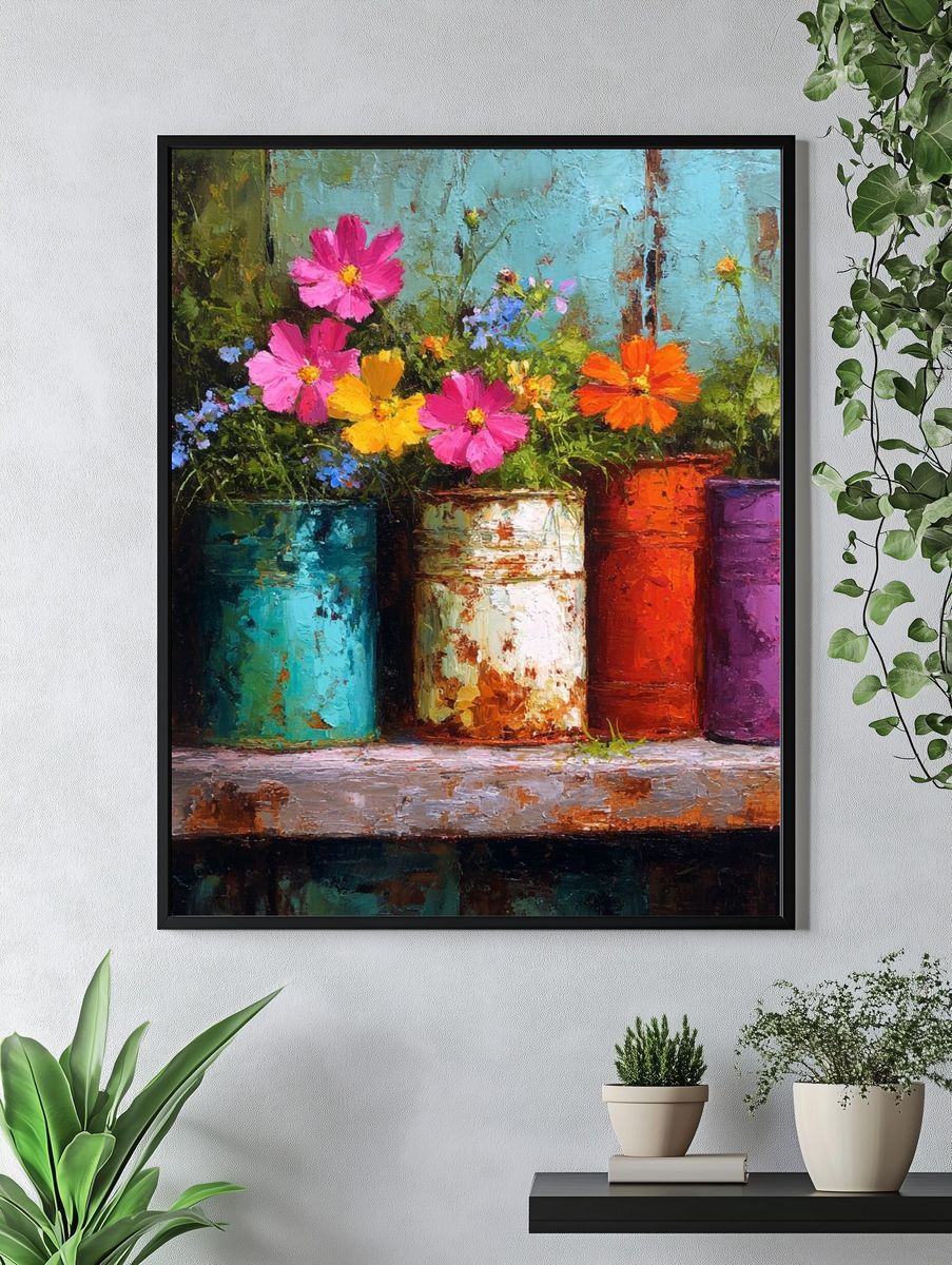 Colorful Flower Pots Still Life Poster. — room view 4