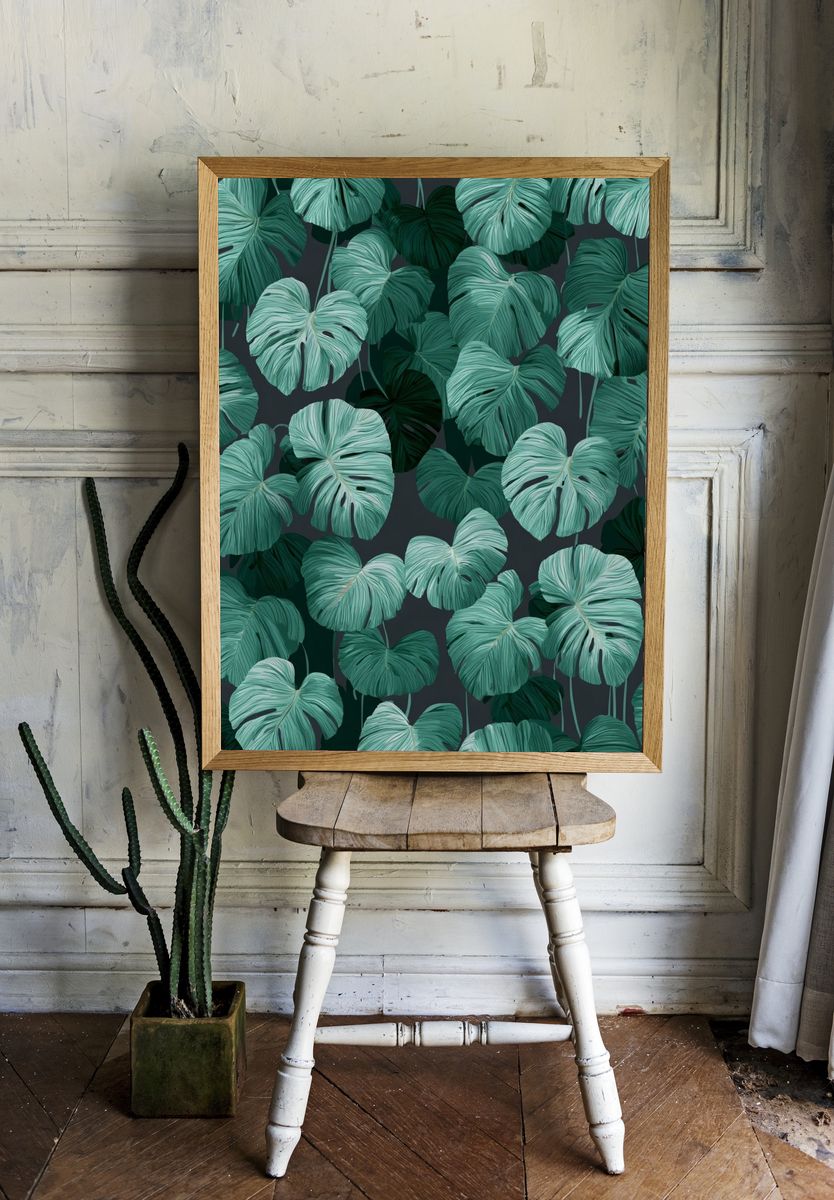 Tropical Monstera Leaves Illustration Poster. — room view 1