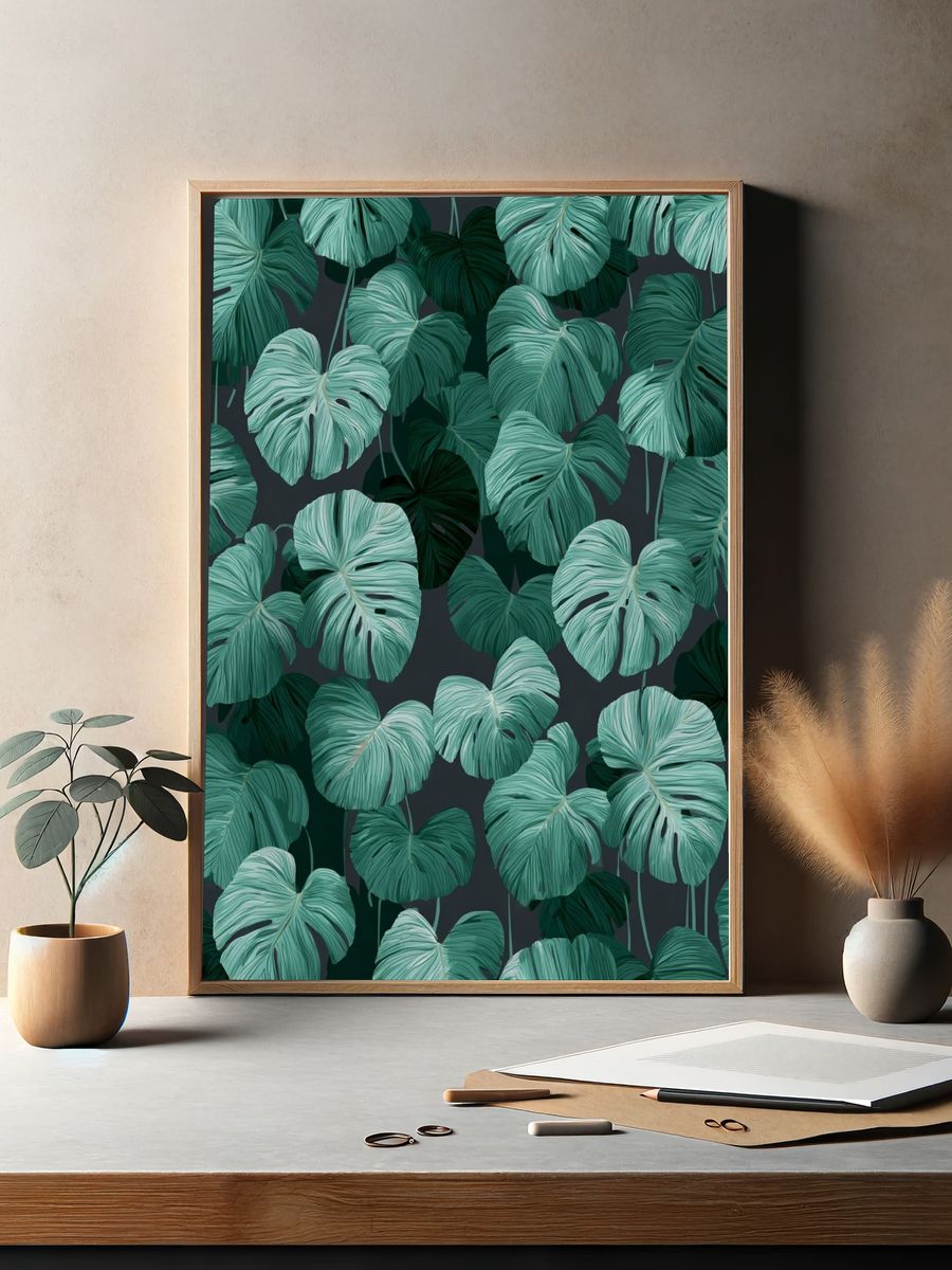 Tropical Monstera Leaves Illustration Poster. — room view 2