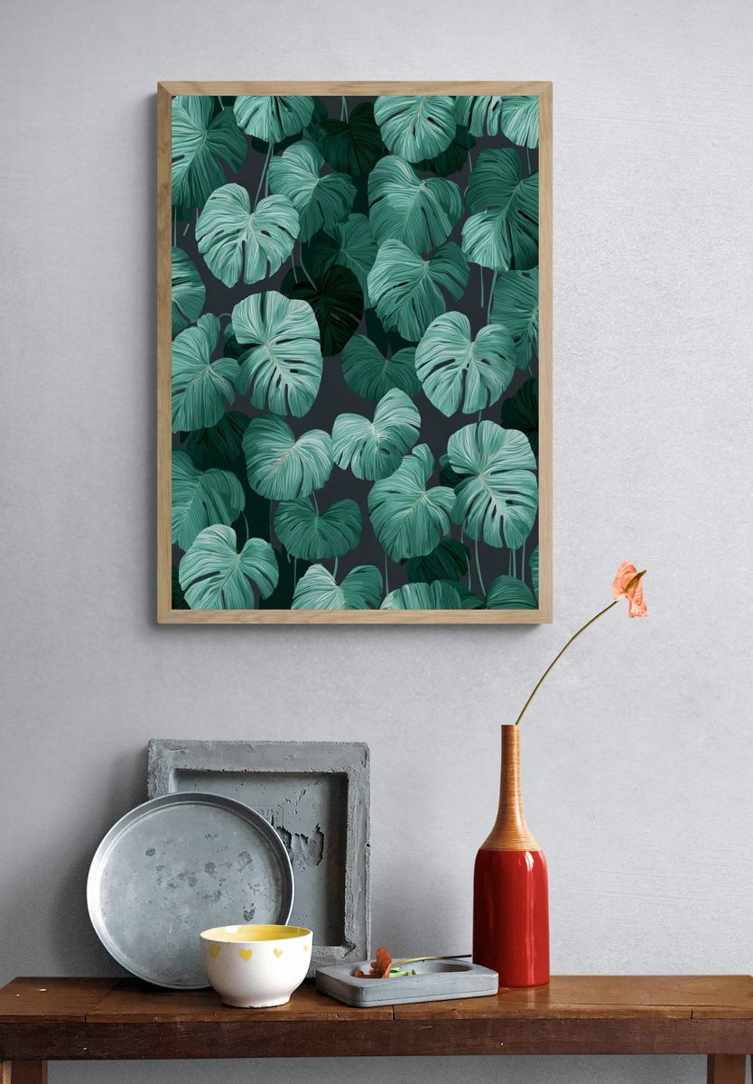 Tropical Monstera Leaves Illustration Poster. — room view 3