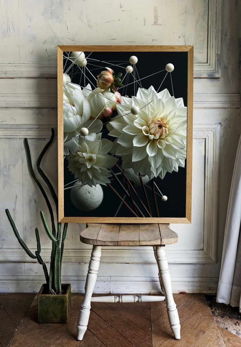 White Dahlia Geometry Print. room preview