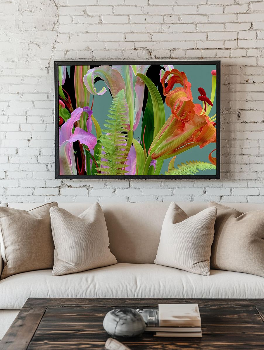 Tropical Lily Garden Illustration Poster. — room view 1