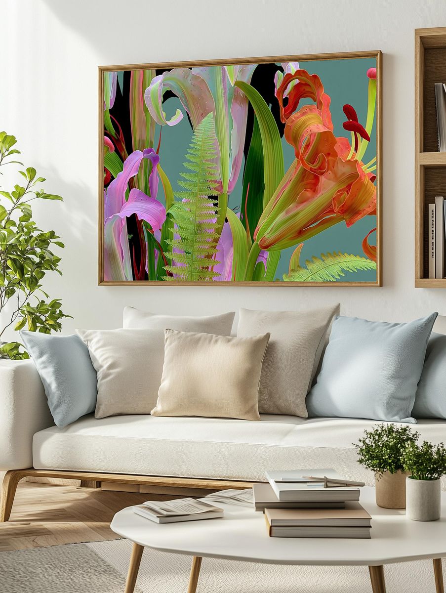 Tropical Lily Garden Illustration Poster. — room view 2
