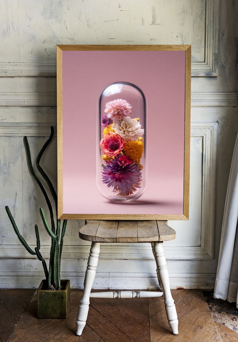 Glass Capsule Flowers Botanical Print. room preview
