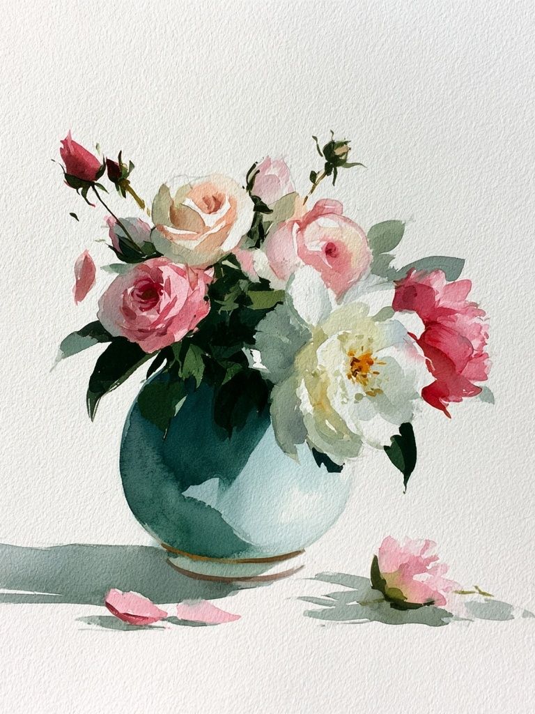 Watercolor Roses in Vase Print. poster detail